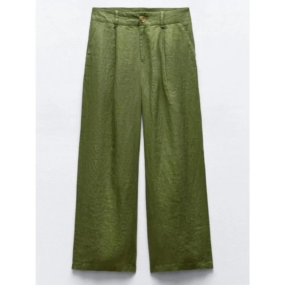 ZARA 100% LINEN WIDE-LEG PANTS GREEN